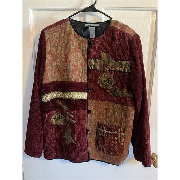 Indigo Moon Womens Jacket Patchwork Embroidered Maroon Gold Black M Unique Artsy - Picture 1 of 11